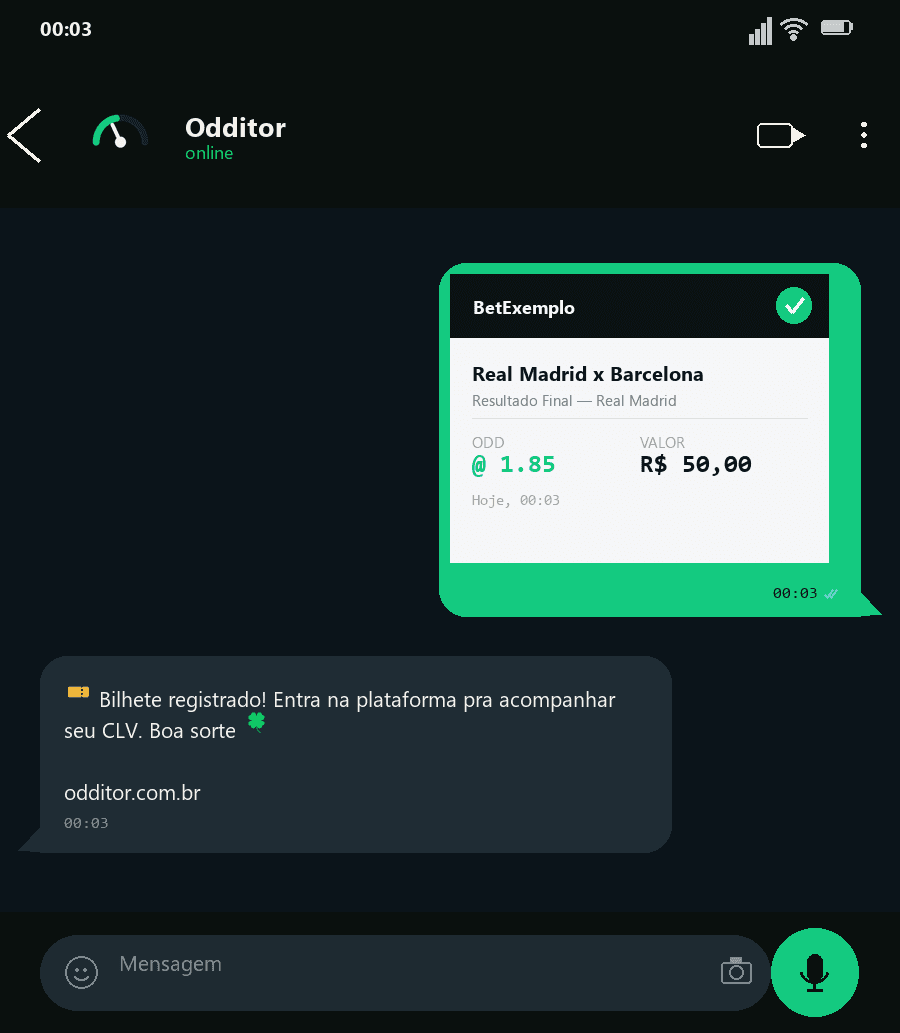 Conversa de WhatsApp mostrando o bilhete sendo enviado e a Odditor confirmando o registro